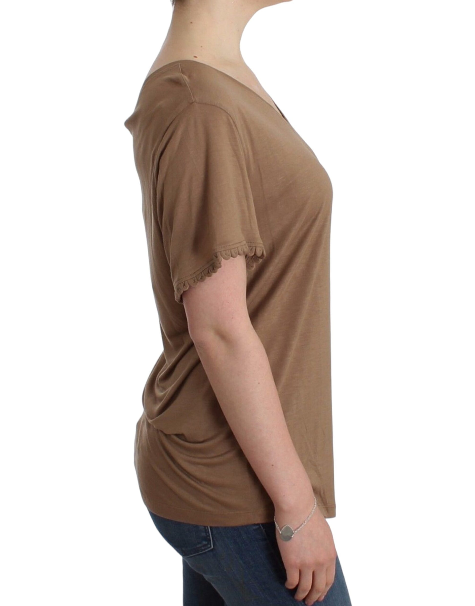 John Galliano Elegant Short-Sleeved Brown Rayon Top - S