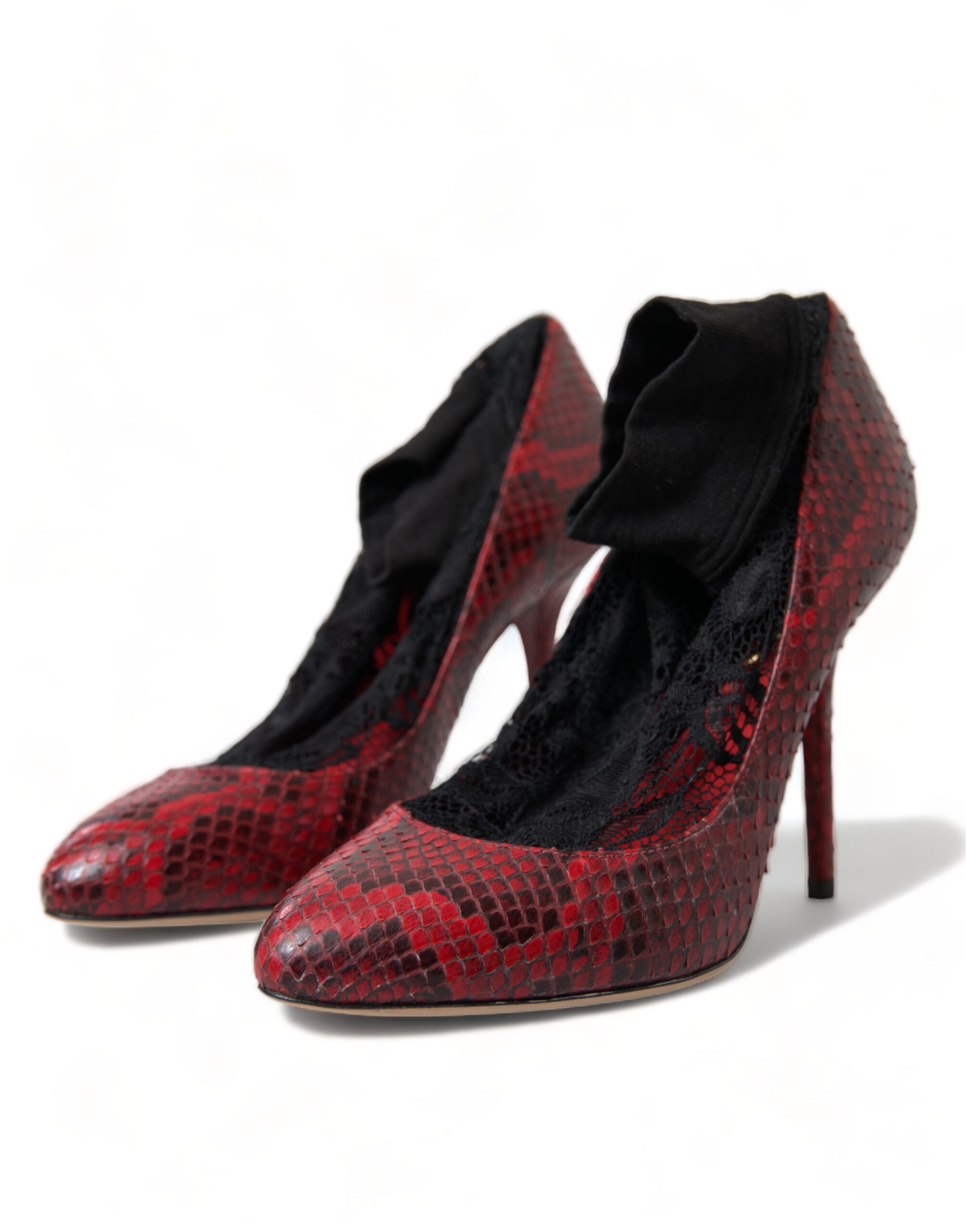 Dolce & Gabbana Red Almond Toe Snakeskin Pumps with Lace Socks - EU36.5/US6