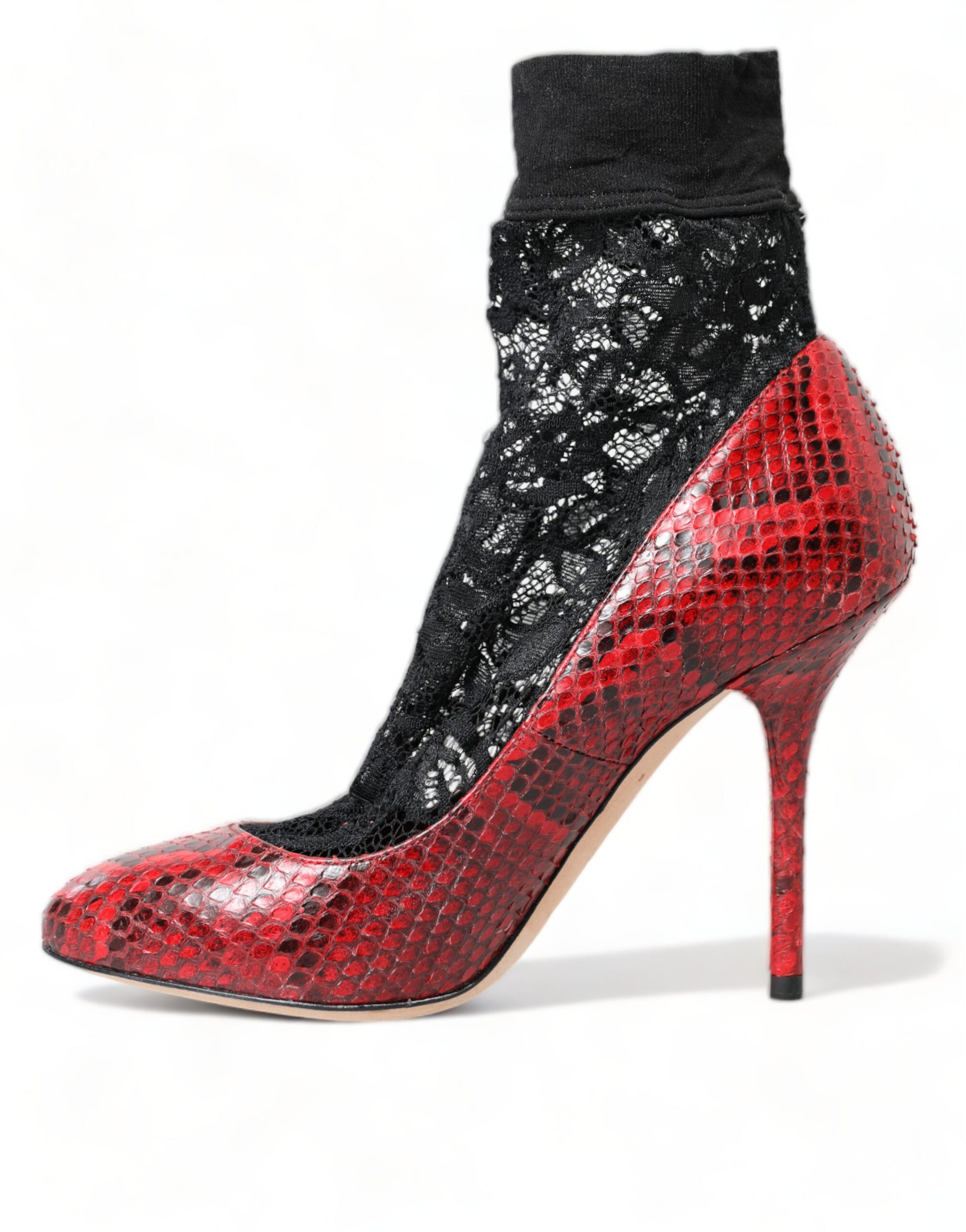 Dolce & Gabbana Red Almond Toe Snakeskin Pumps with Lace Socks - EU36.5/US6