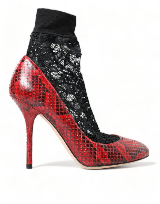 Dolce & Gabbana Red Almond Toe Snakeskin Pumps with Lace Socks - EU36.5/US6