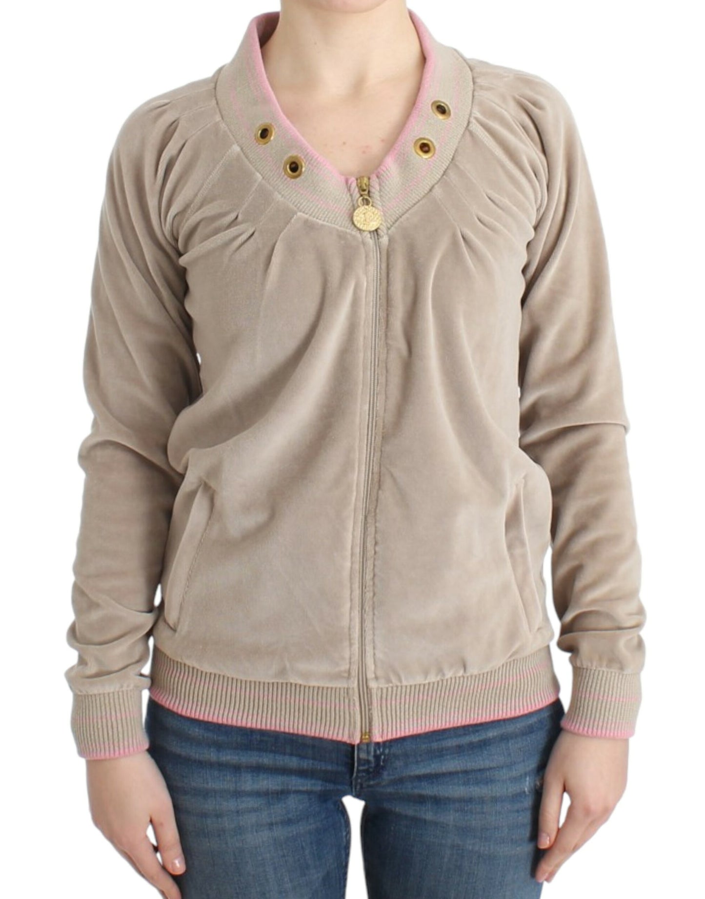 Cavalli Beige Zip Cardigan with Gold Tone Accents - IT40|S