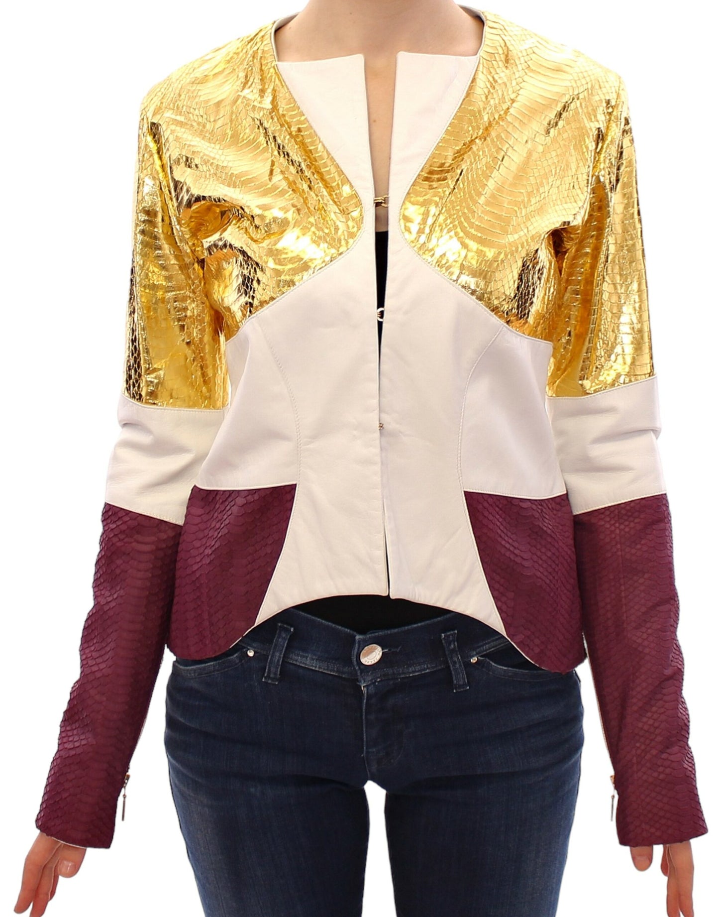 Vladimiro Gioia Elegant Metallic Croc Print Leather Jacket - IT40|S