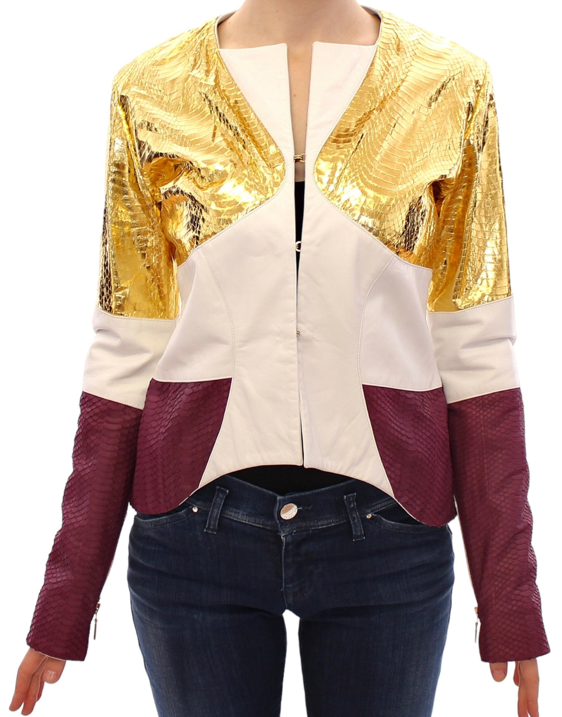 Vladimiro Gioia Elegant Metallic Croc Print Leather Jacket - IT40|S