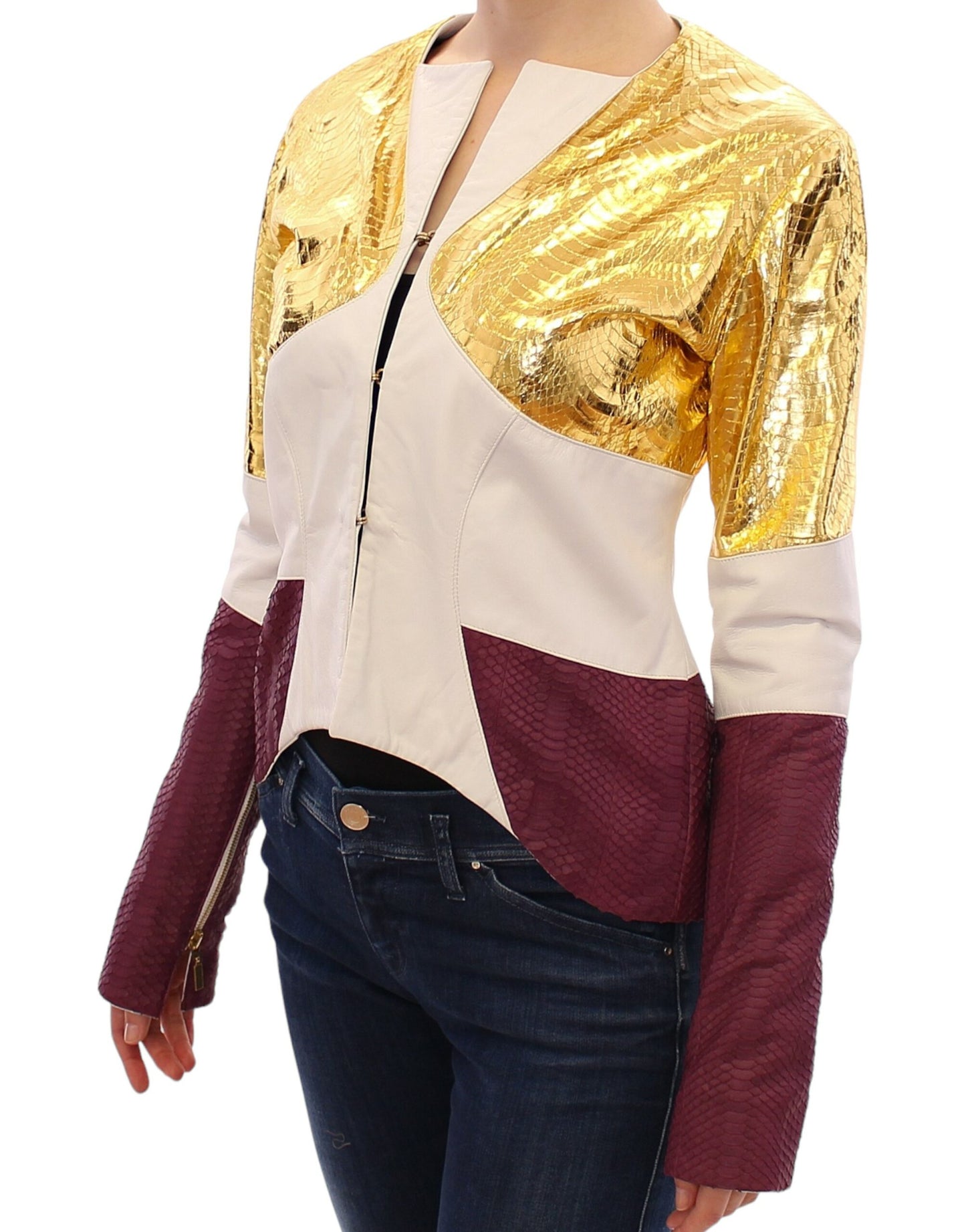 Vladimiro Gioia Elegant Metallic Croc Print Leather Jacket - IT40|S