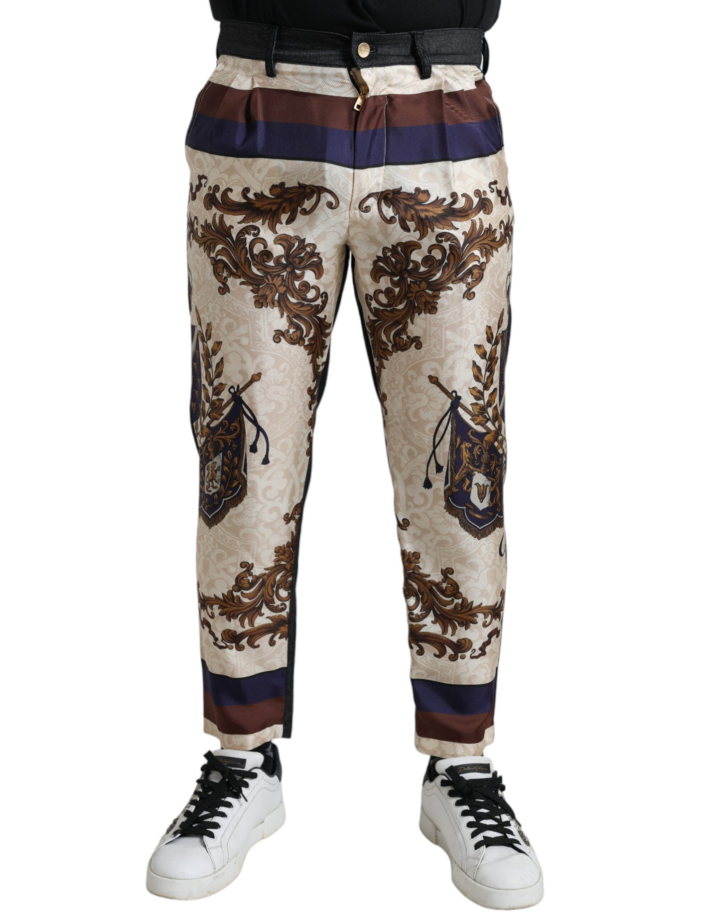 Dolce & Gabbana Elegant Silk Skinny Pants with Heraldic Print - IT48 | M