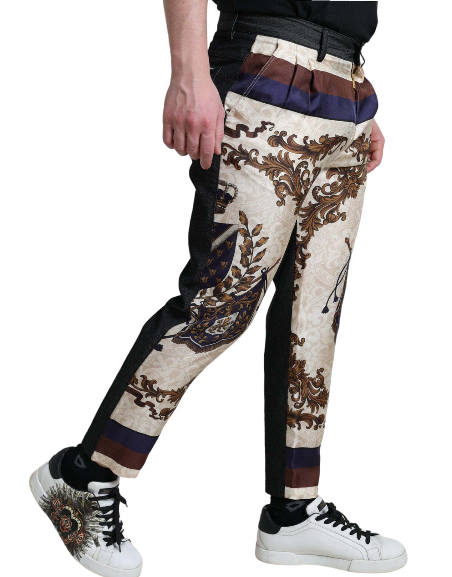 Dolce & Gabbana Elegant Silk Skinny Pants with Heraldic Print - IT48 | M