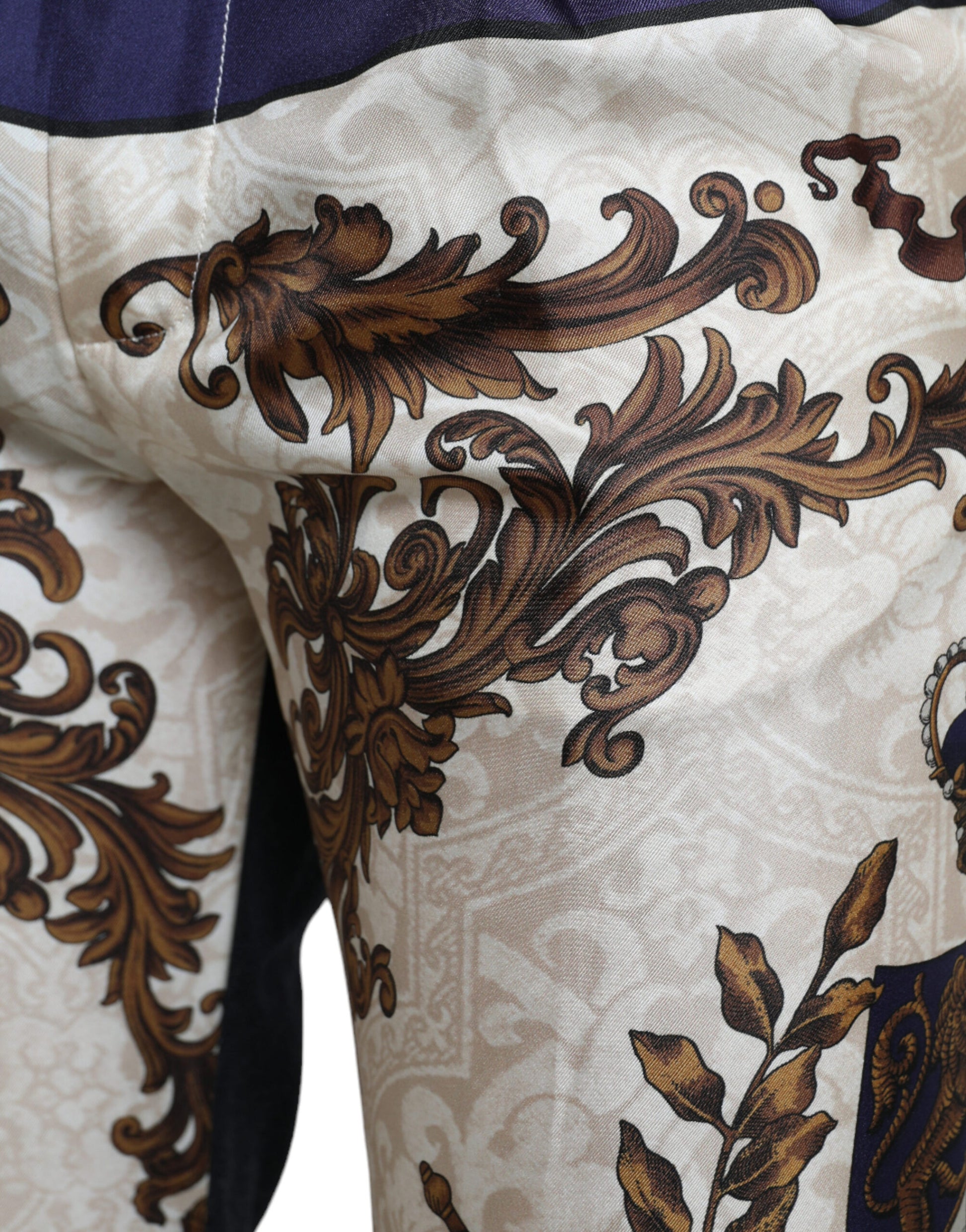 Dolce & Gabbana Elegant Silk Skinny Pants with Heraldic Print - IT48 | M