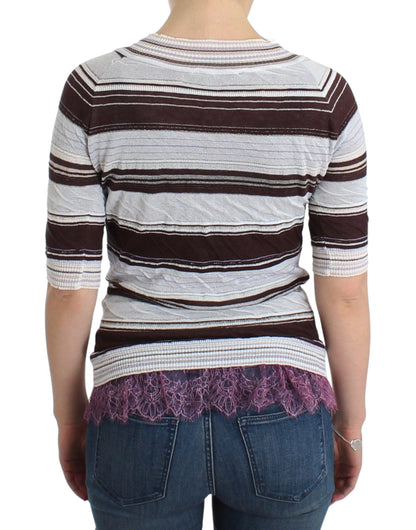 Ermanno Scervino Striped V-Neck Knit Top with Lace Hem - IT42 | S