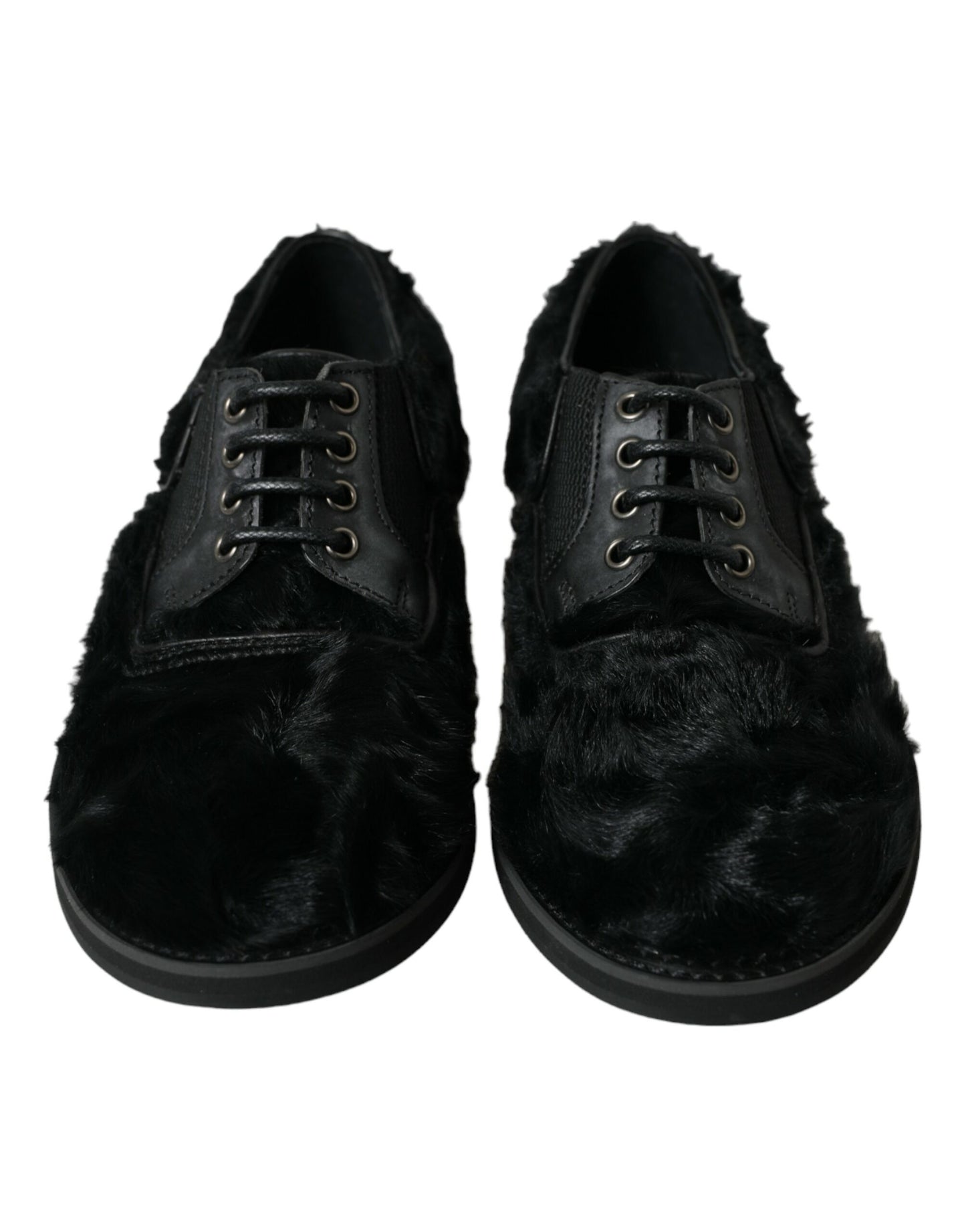 Dolce & Gabbana Elegant Black Fur Derby Dress Shoes for Men - EU42.5/US9.5