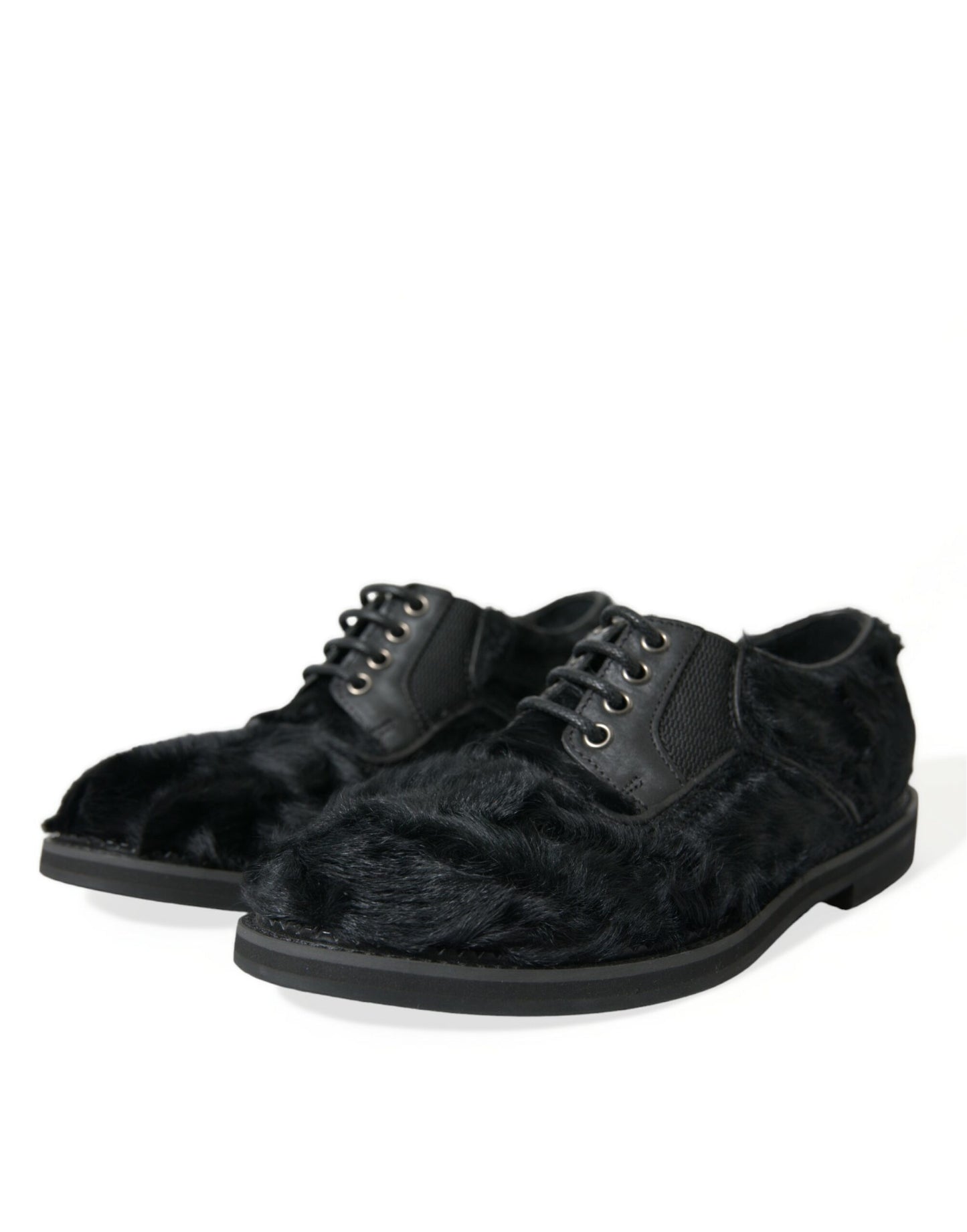 Dolce & Gabbana Elegant Black Fur Derby Dress Shoes for Men - EU42.5/US9.5