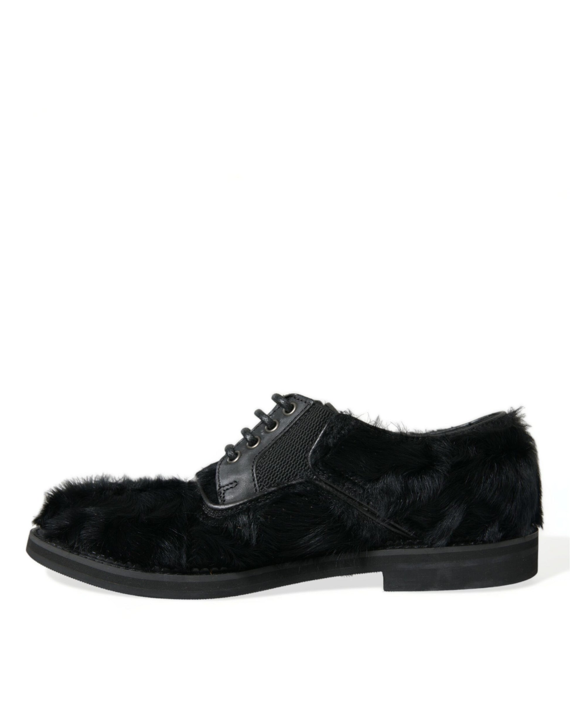 Dolce & Gabbana Elegant Black Fur Derby Dress Shoes for Men - EU42.5/US9.5