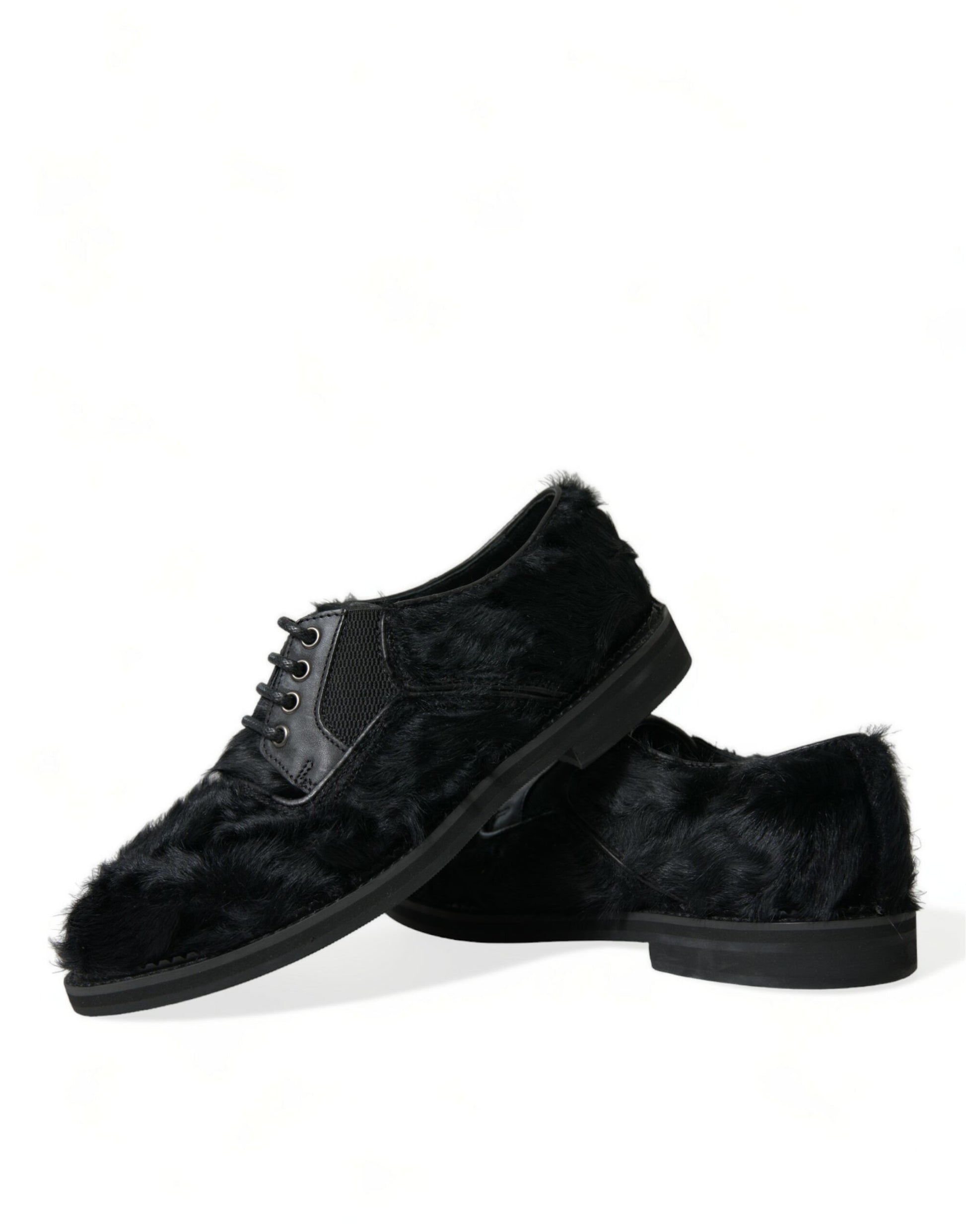 Dolce & Gabbana Elegant Black Fur Derby Dress Shoes for Men - EU42.5/US9.5