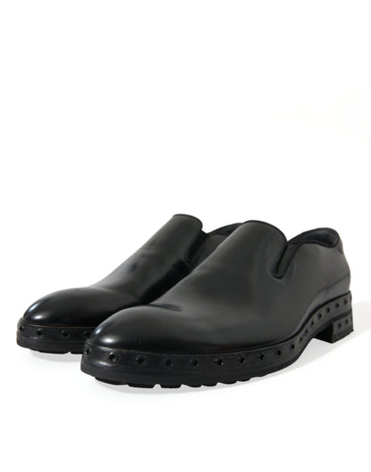 Dolce & Gabbana Elegant Black Leather Studded Loafers - EU44/US11