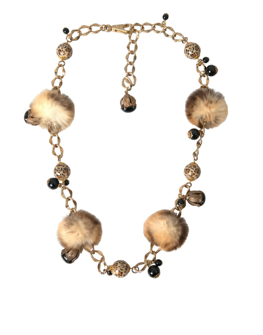 Dolce & Gabbana Gold Brass Leopard Fur Pearl Collier Chain Belt - 100 cm / 40 Inches