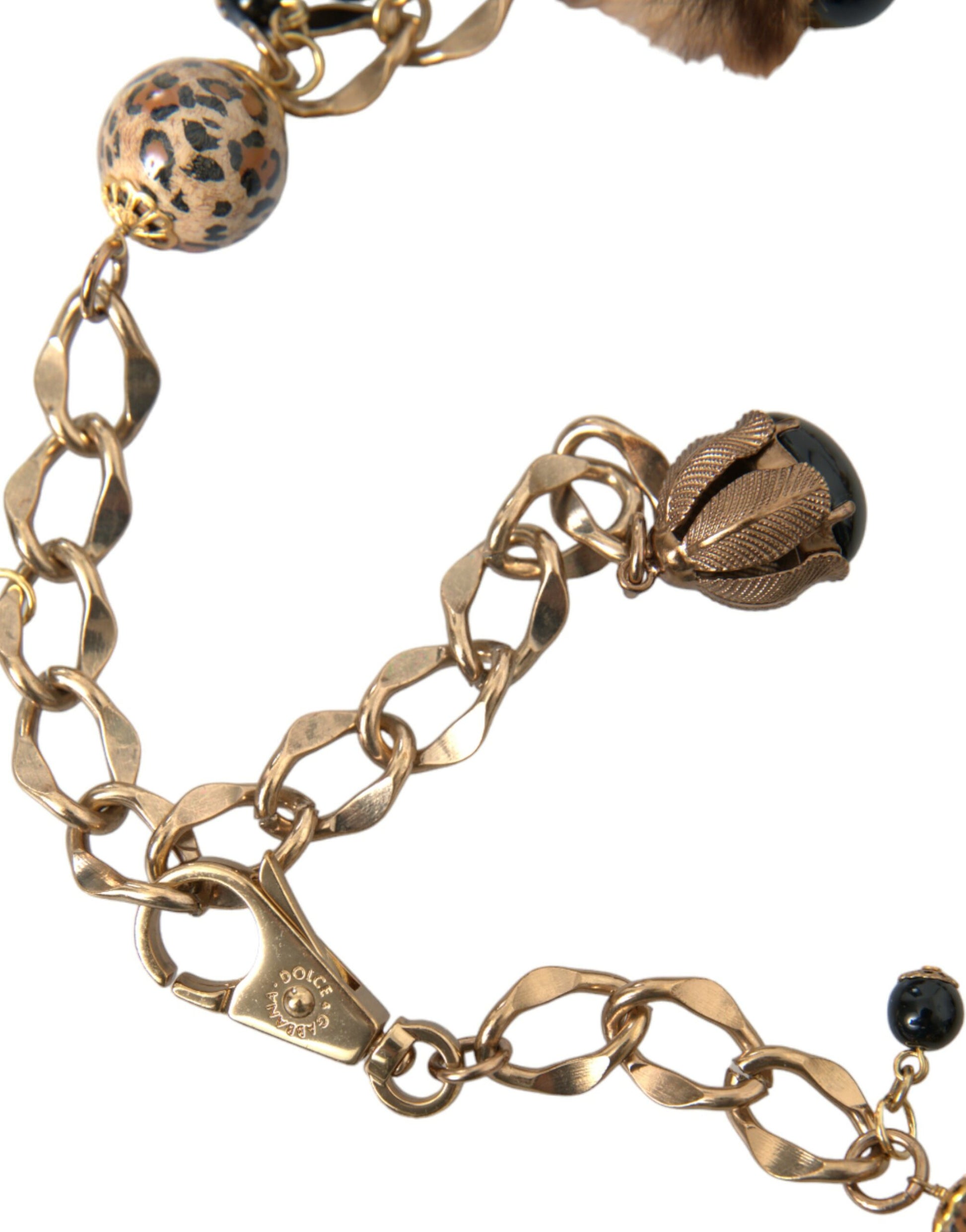 Dolce & Gabbana Gold Brass Leopard Fur Pearl Collier Chain Belt - 100 cm / 40 Inches