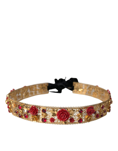 Dolce & Gabbana Gold Brass Red Roses Crystal Jewel Waist Belt - M