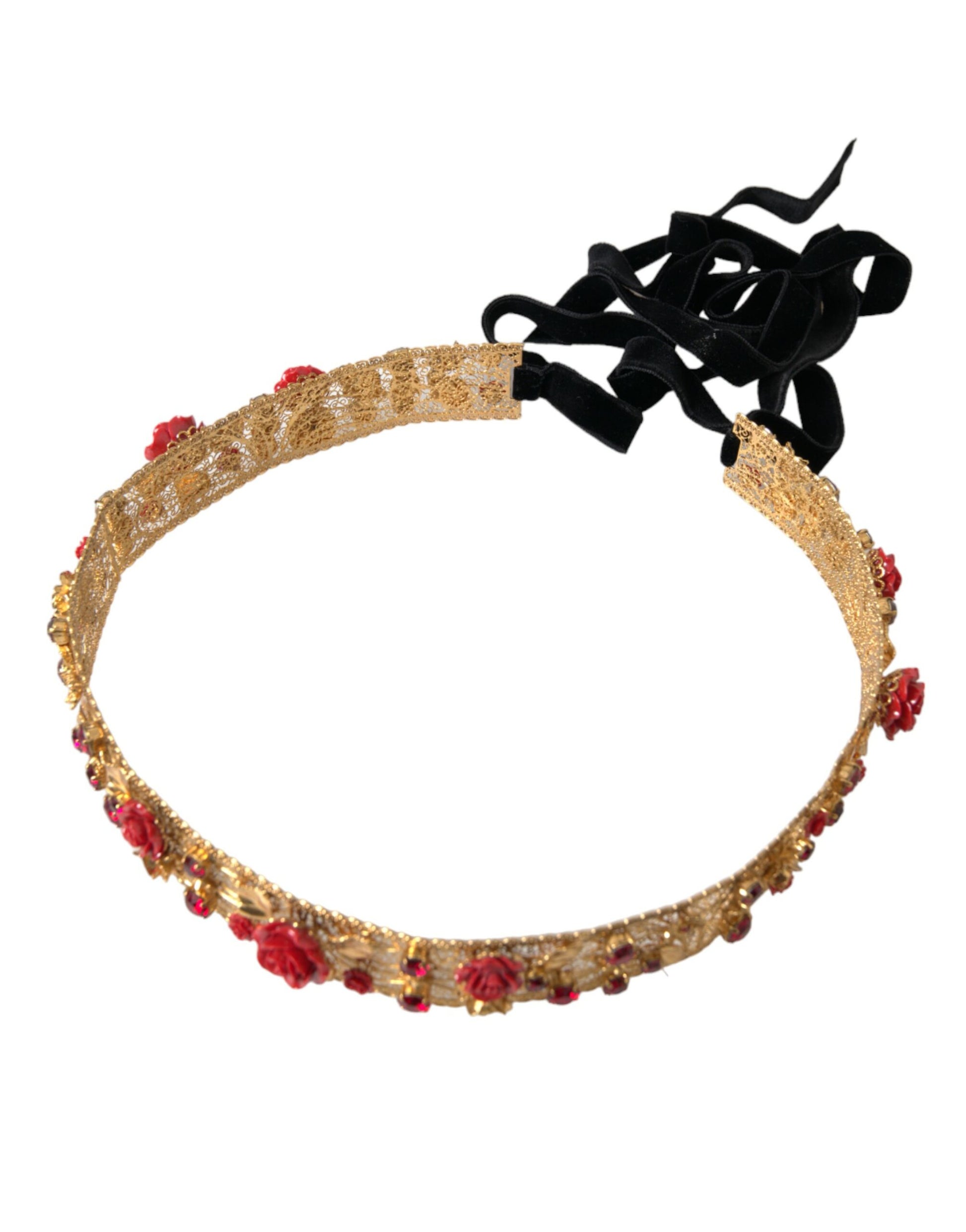 Dolce & Gabbana Gold Brass Red Roses Crystal Jewel Waist Belt - M