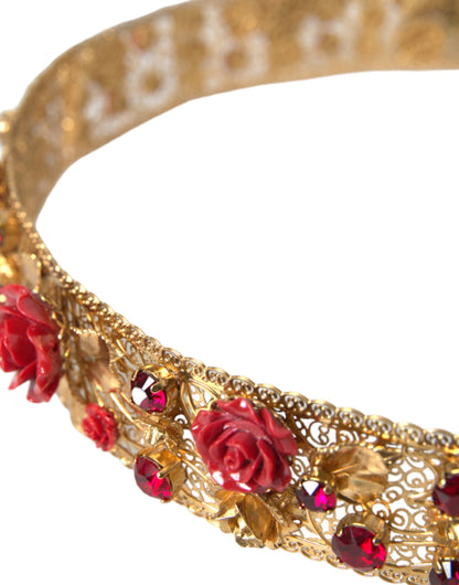 Dolce & Gabbana Gold Brass Red Roses Crystal Jewel Waist Belt - M