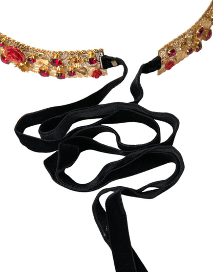 Dolce & Gabbana Gold Brass Red Roses Crystal Jewel Waist Belt - M