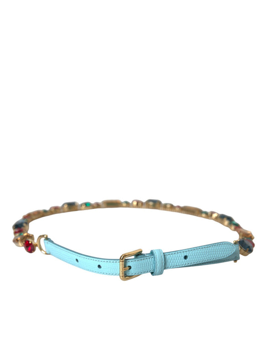 Dolce & Gabbana Light Blue Leather Crystal Chain Waist Belt - 85 cm / 34 Inches