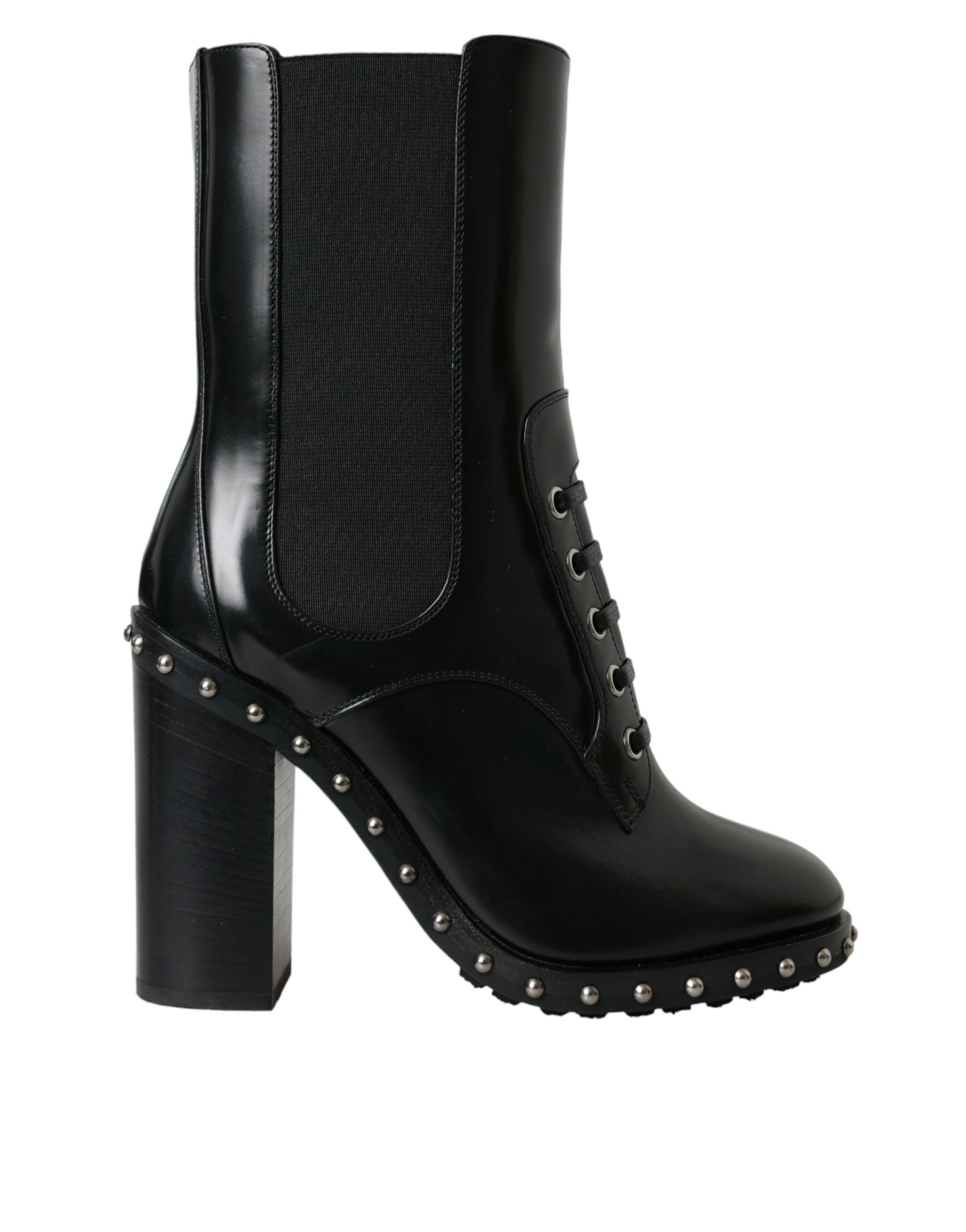 Dolce & Gabbana Black Leather Studded Lace Up Boots Shoes - EU36/US5.5