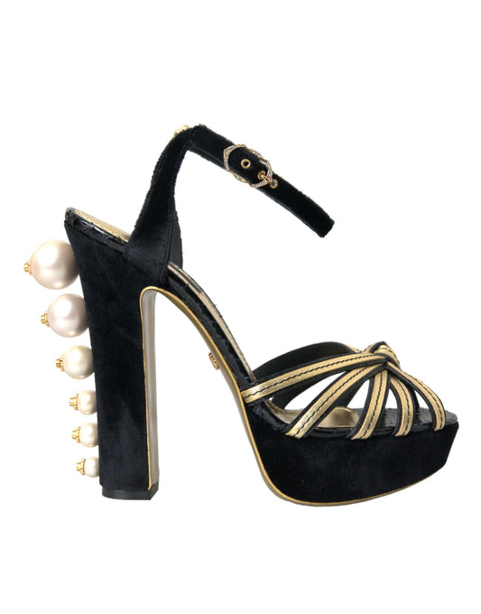 Dolce & Gabbana Black Gold Embellished Heels Sandals Shoes - EU39/US8.5