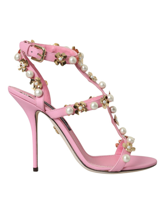 Dolce & Gabbana Pink Leather Embellished Heels Sandals Shoes - EU39/US8.5