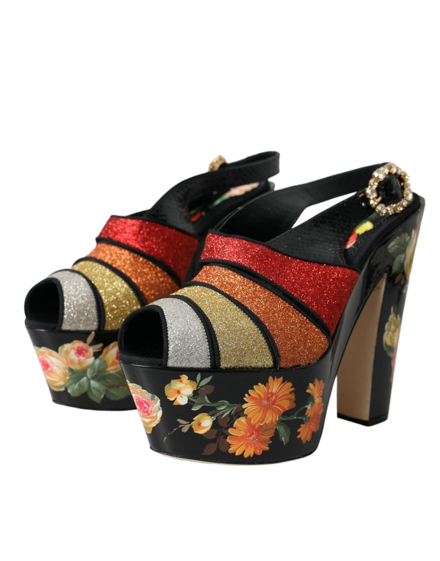 Dolce & Gabbana Multicolor Floral Crystal Platform Sandals Shoes - EU39/US8.5