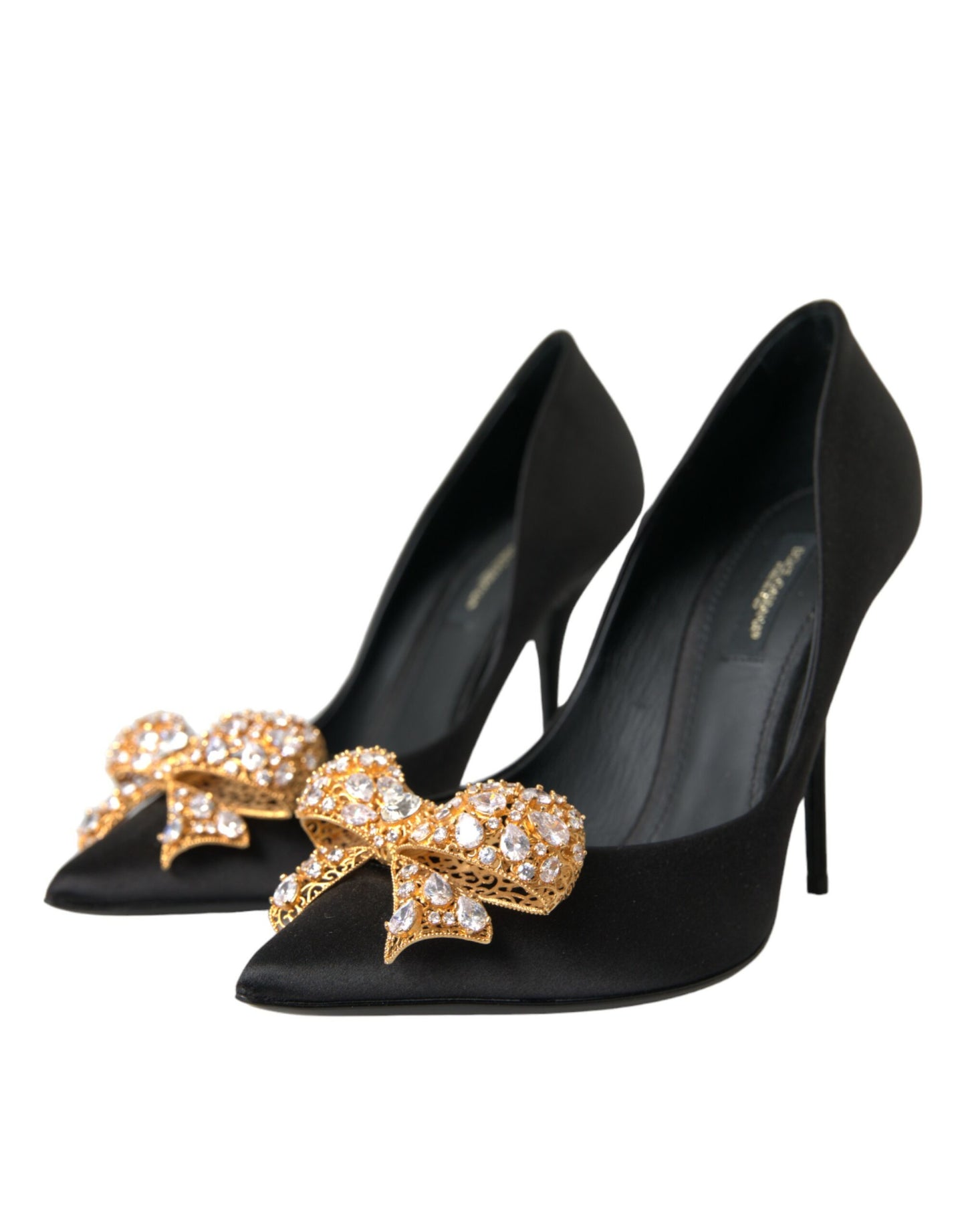 Dolce & Gabbana Black Satin Bow Crystal Heels Pumps Shoes - EU37/US6.5