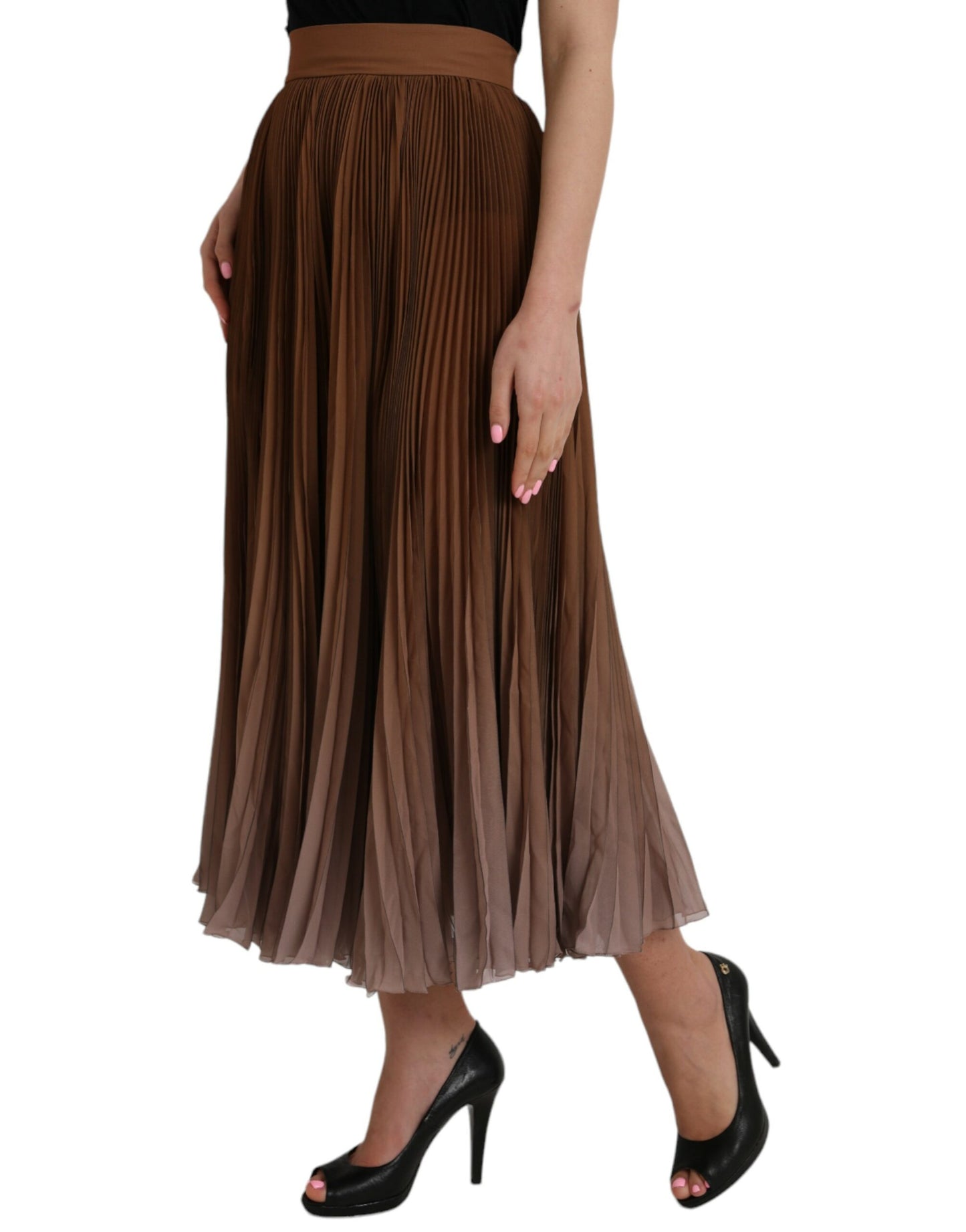 Dolce & Gabbana Brown Polyester Pleated High Waist Midi Skirt - IT40|S