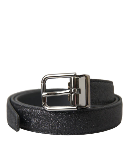 Dolce & Gabbana Black Glittered Leather Silver Buckle Belt - 90 cm / 36 Inches