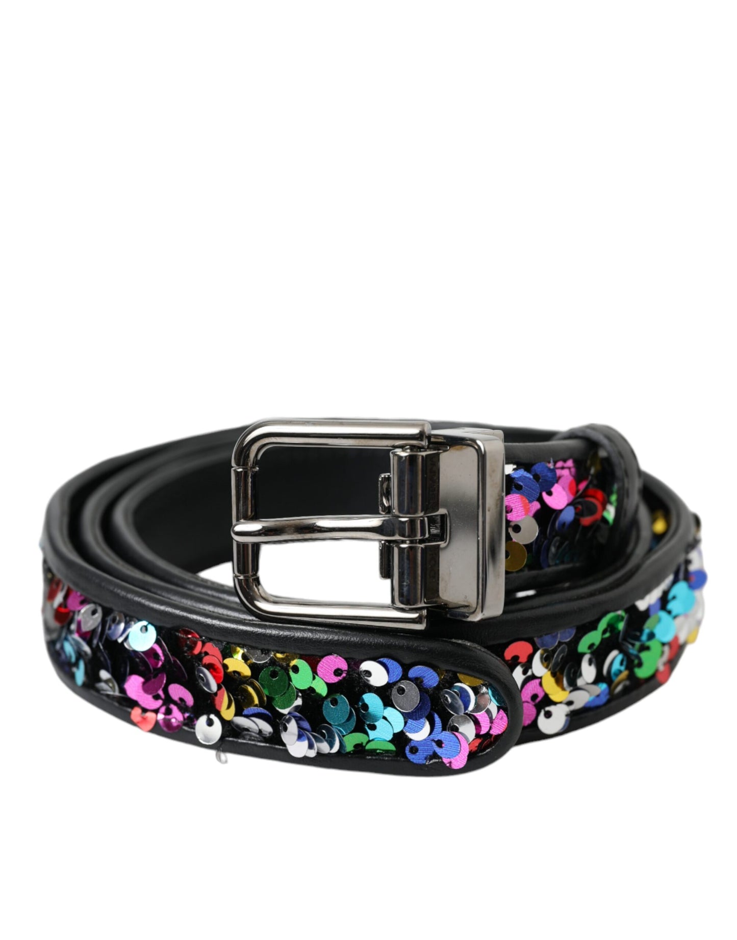 Dolce & Gabbana Black Sequined Silver Metal Buckle Women Belt - 90 cm / 36 Inches