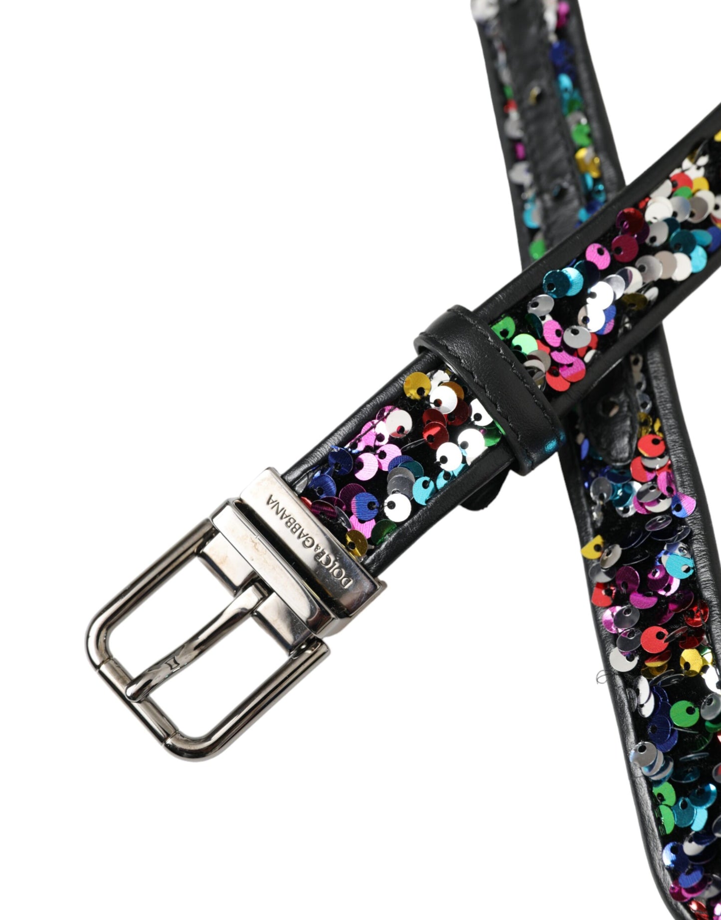 Dolce & Gabbana Black Sequined Silver Metal Buckle Women Belt - 90 cm / 36 Inches