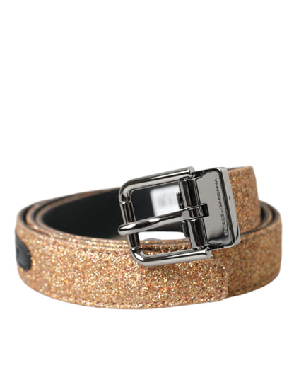 Dolce & Gabbana Gold Glitter Leather Silver Metal Buckle Belt - 90 cm / 36 Inches