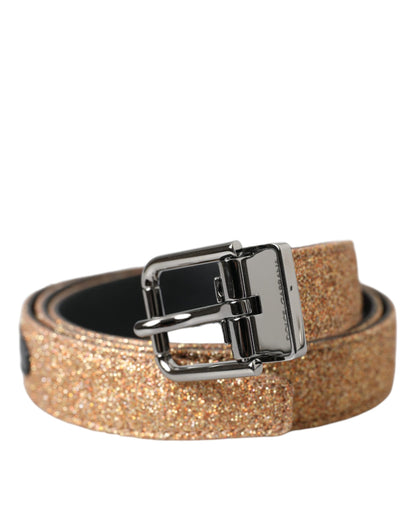 Dolce & Gabbana Gold Glitter Leather Silver Metal Buckle Belt - 90 cm / 36 Inches