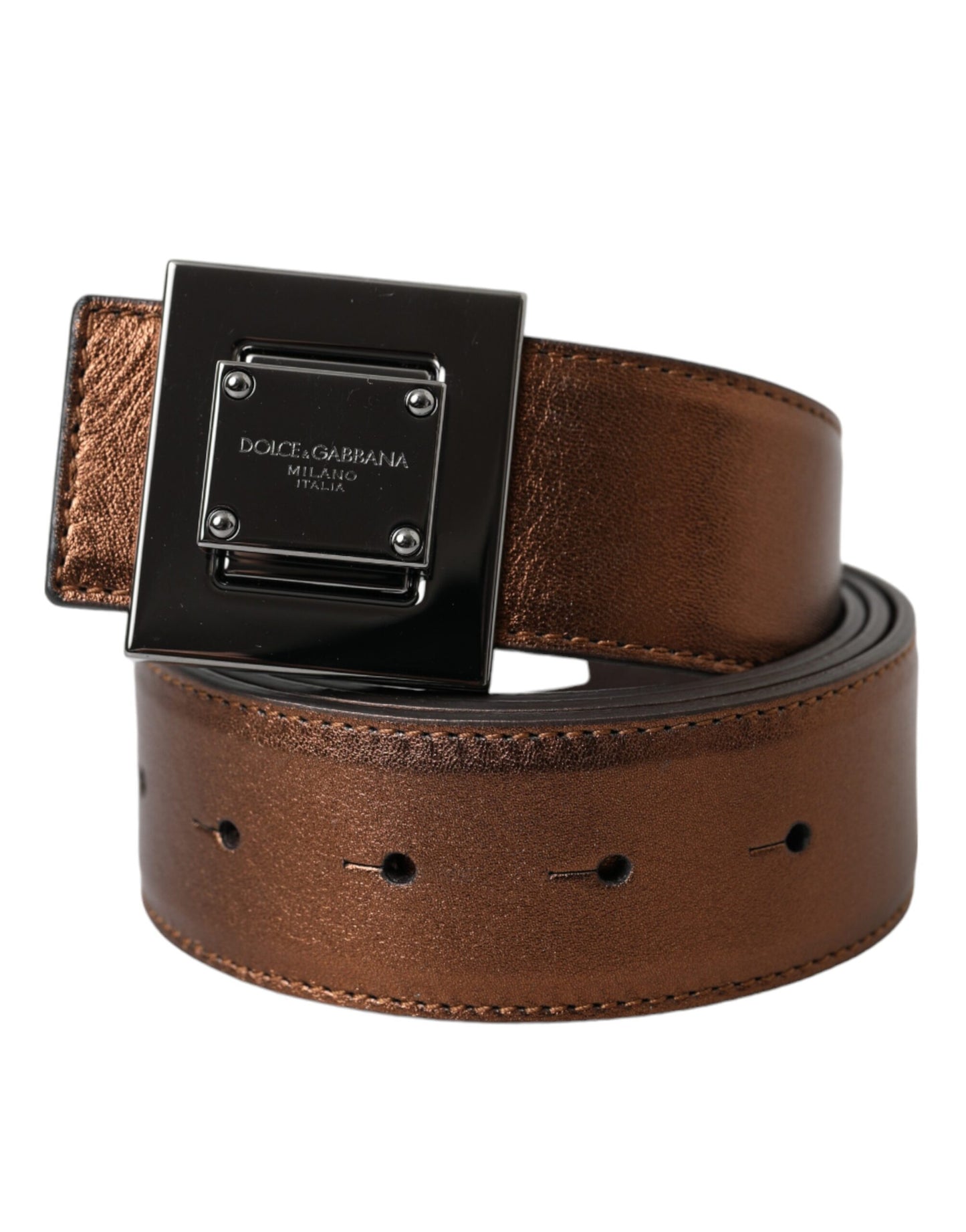 Dolce & Gabbana Metallic Bronze Leather Square Metal Buckle Belt - 85 cm / 34 Inches