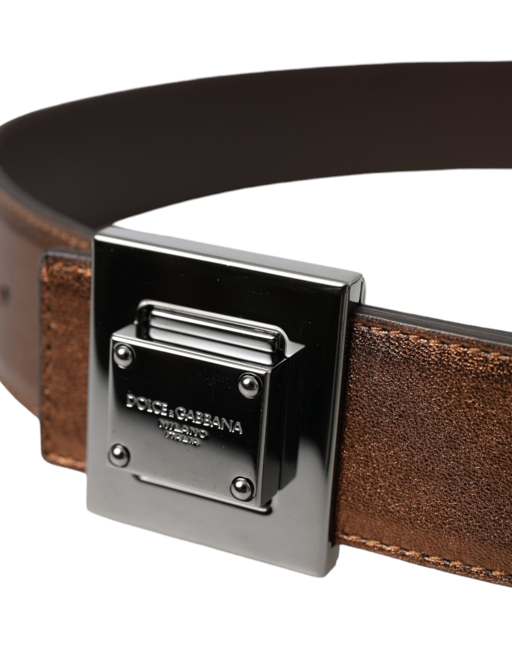 Dolce & Gabbana Metallic Bronze Leather Square Metal Buckle Belt - 85 cm / 34 Inches