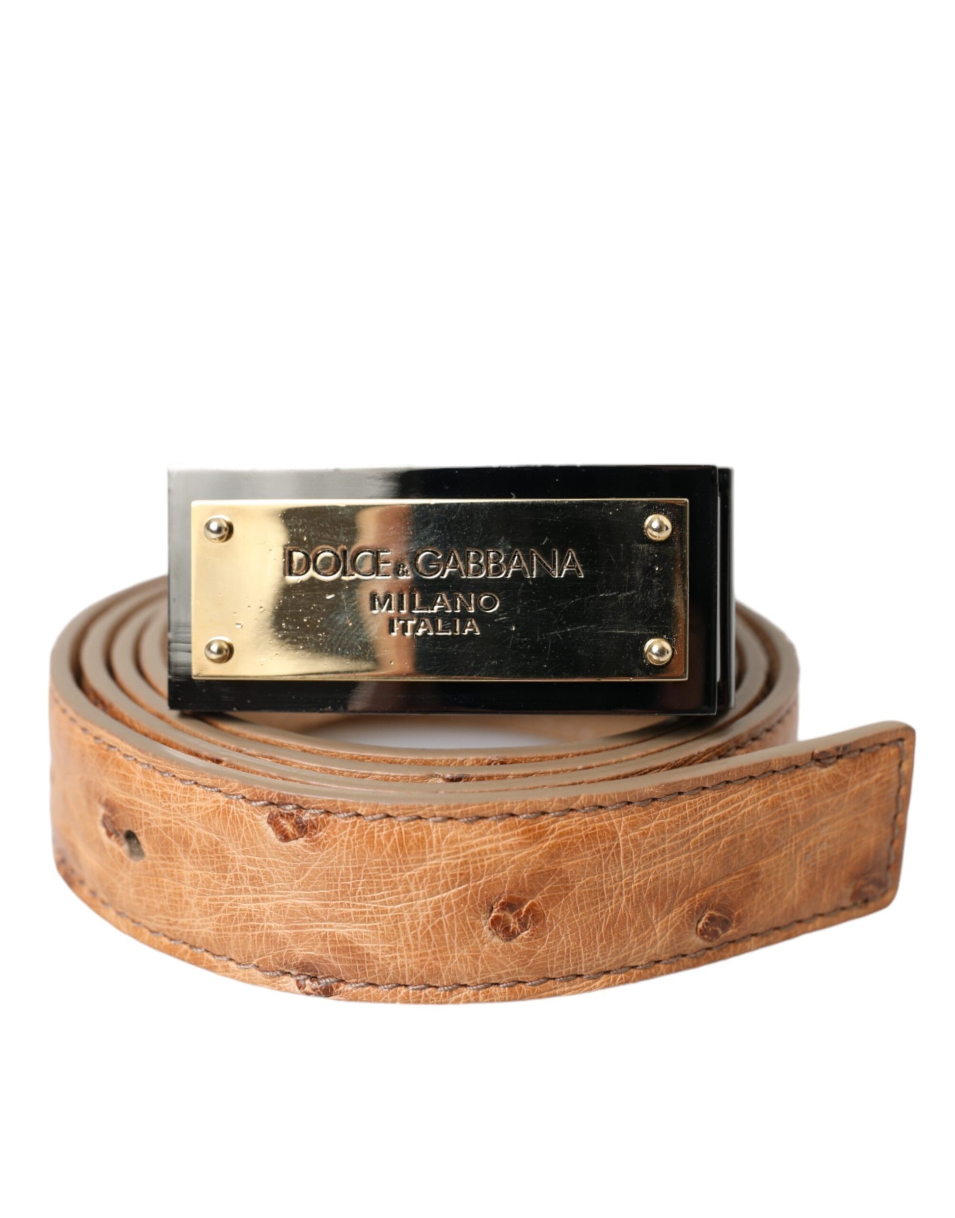 Dolce & Gabbana Beige Leather Gold Logo Engraved Buckle Belt - 90 cm / 36 Inches