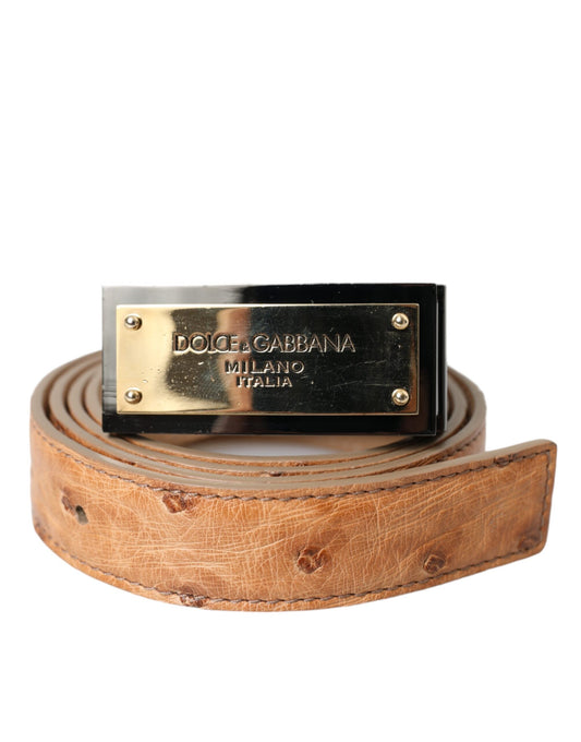 Dolce & Gabbana Beige Leather Gold Logo Engraved Buckle Belt - 90 cm / 36 Inches