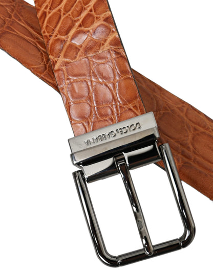 Dolce & Gabbana Brown Exotic Leather Silver Metal Buckle Belt - 90 cm / 36 Inches