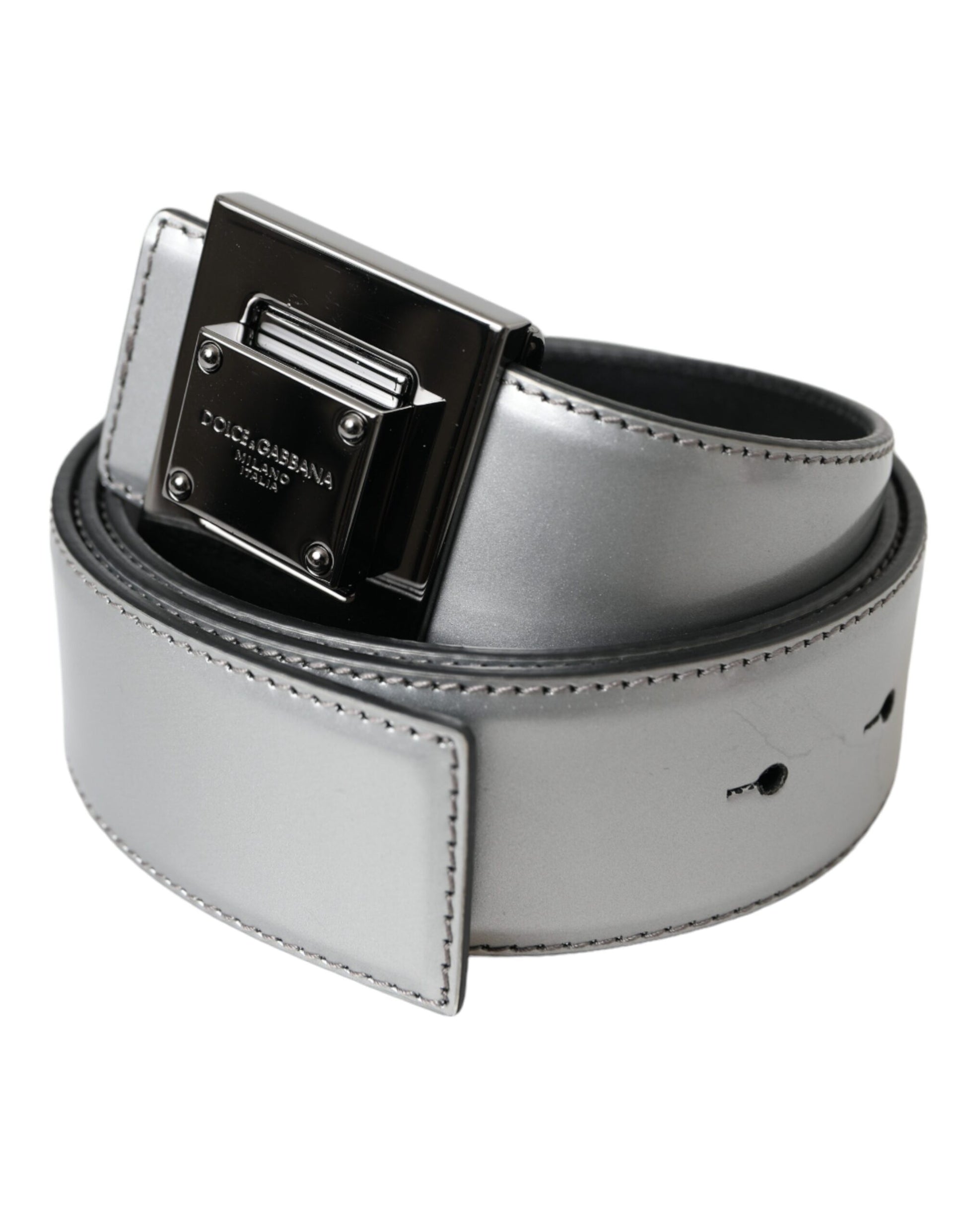 Dolce & Gabbana Silver Leather Square Metal Buckle Belt - 85 cm / 34 Inches