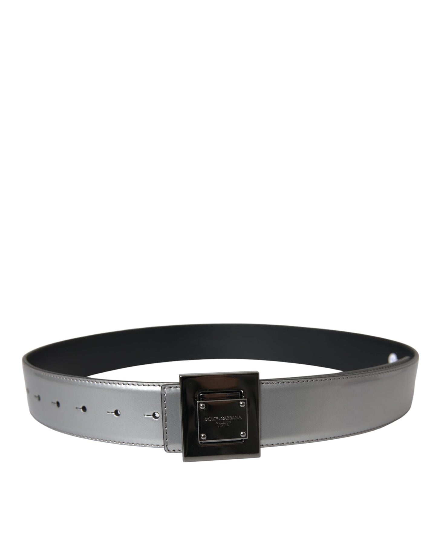 Dolce & Gabbana Silver Leather Square Metal Buckle Belt - 85 cm / 34 Inches