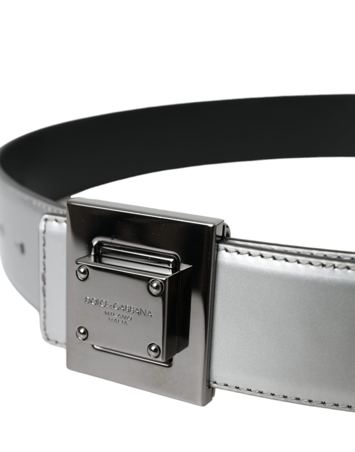 Dolce & Gabbana Silver Leather Square Metal Buckle Belt - 85 cm / 34 Inches