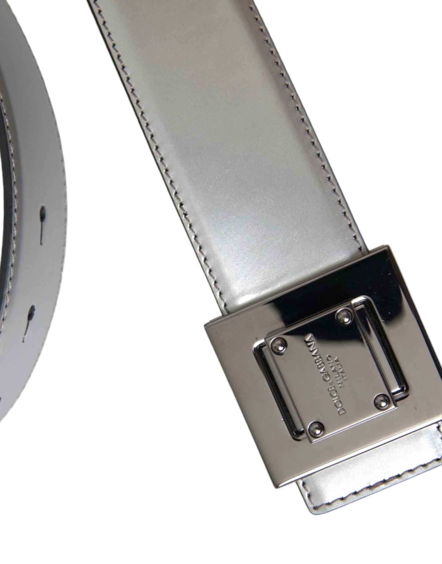 Dolce & Gabbana Silver Leather Square Metal Buckle Belt - 85 cm / 34 Inches