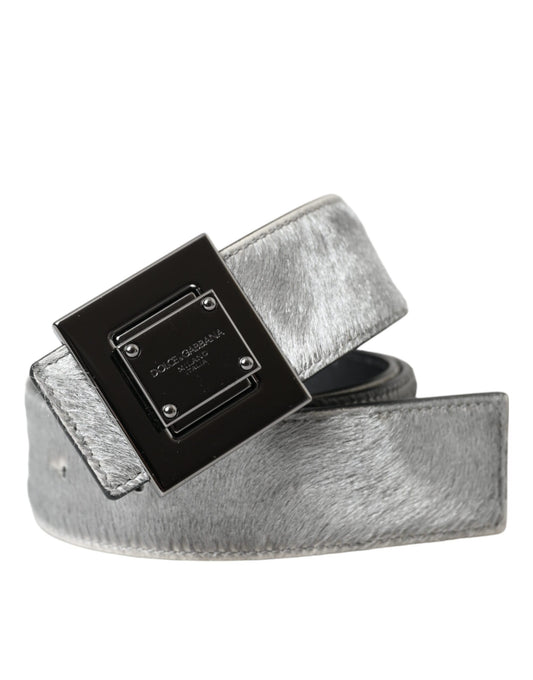 Dolce & Gabbana Silver Leather Square Metal Buckle Belt - 80 cm / 32 Inches