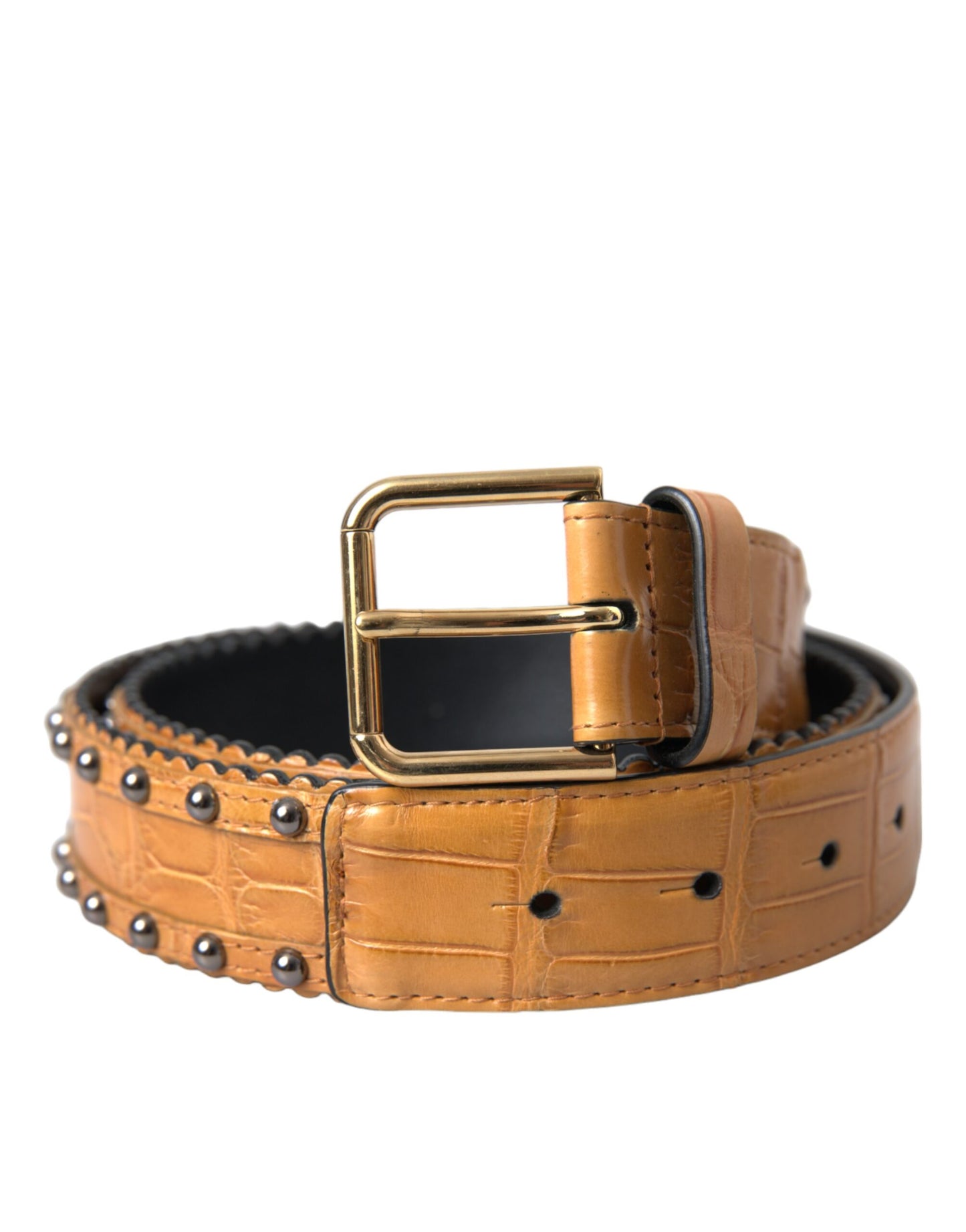 Dolce & Gabbana Beige Alligator Leather Studded Metal Buckle Belt - 85 cm / 34 Inches