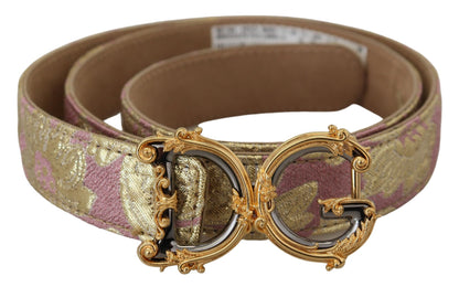 Dolce & Gabbana Pink Jaquard DG Logo Gold Metal Buckle Belt - 75 cm / 30 Inches