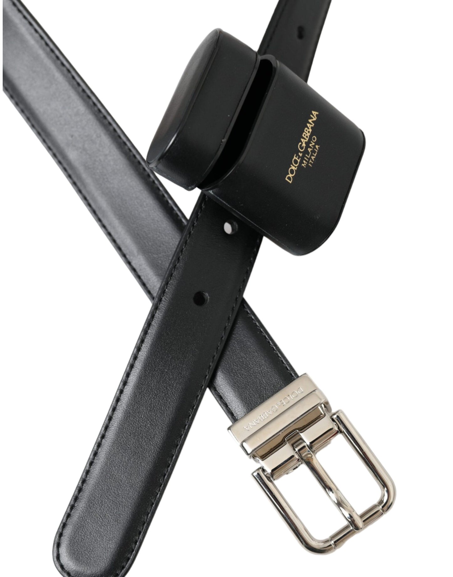 Dolce & Gabbana Black Leather Airpods Case Silver Buckle Belt - 75 cm / 30 Inches