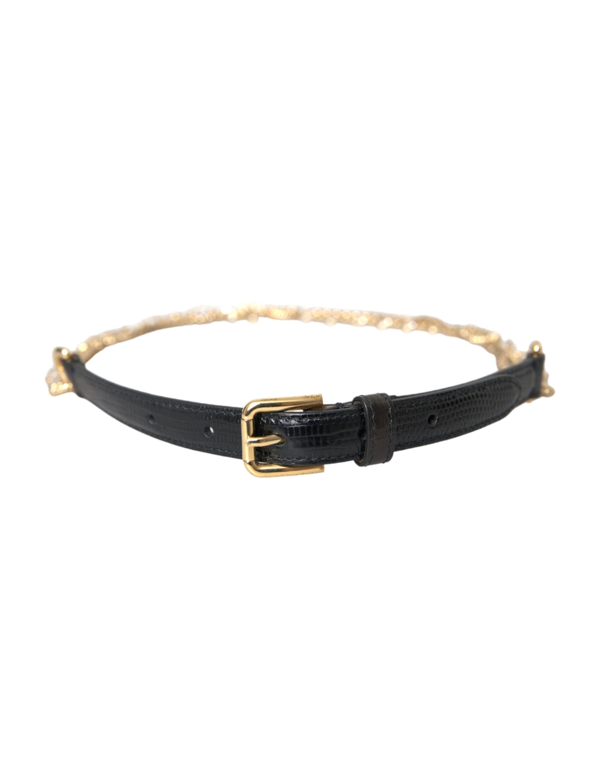 Dolce & Gabbana Black Leather Gold Chain Crystal Waist Women Belt