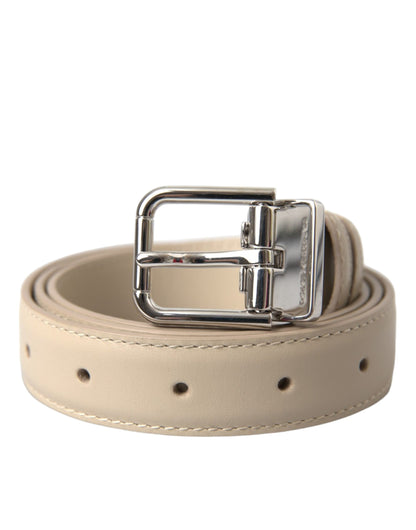 Dolce & Gabbana Beige Calfskin Leather Silver Metal Buckle Belt - 80 cm / 32 Inches